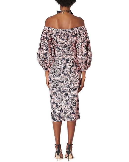 Carolina Herrera Red Off Shoulder Puff Sleeve Ruched Midi Dress