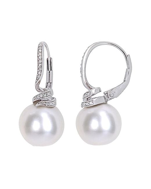 Pearls White Silver .05 Ct. Tw. Diamond & 11-12mm Freshwater Pearl Drop Earrings