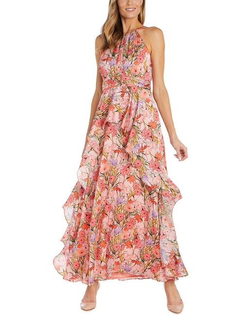 R & M Richards Red Yoryu Satin Peplum Maxi Dress