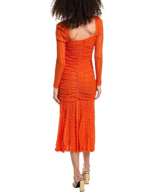 Ganni Orange Stretch Lace Gathered Midi Dress