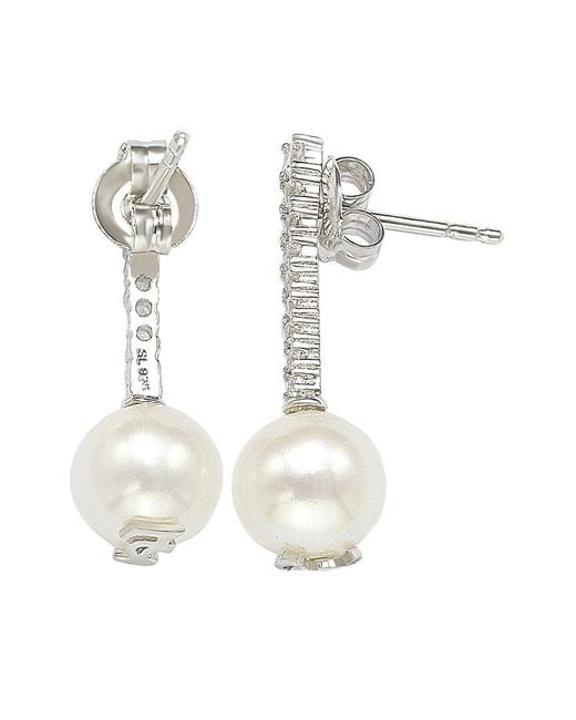Suzy Levian White Silver 0.23 Ct. Tw. Sapphire & 8mm Pearl Drop Earrings