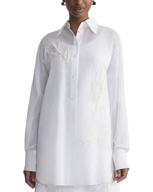 Lafayette 148 New York White Eco Flora Embroidered Oversized Shirt