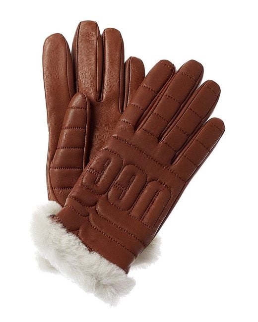 Ugg Brown Logo Quilted Leather Gloves