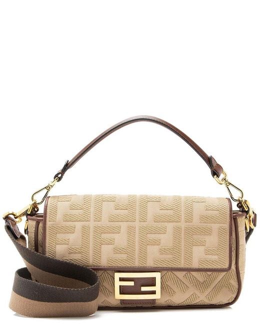 Fendi Metallic Beige Ff Embroidered Canvas Baguette Shoulder Bag (authentic Pre-loved)