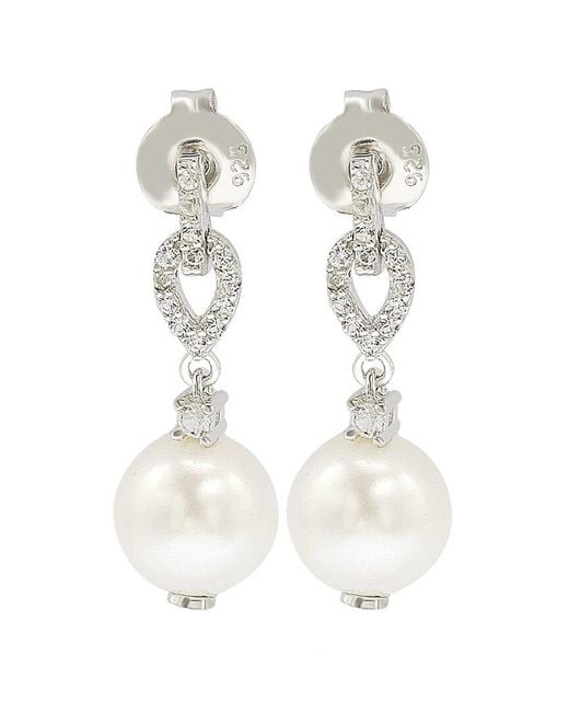 Suzy Levian White Silver 0.28 Ct. Tw. Sapphire & 8mm Pearl Drop Earrings