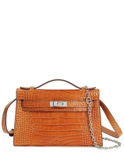 Tiffany & Fred Paris Brown Top-Handle Croc-Embossed Leather Crossbody