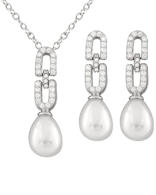 Splendid White Rhodium Plated Silver 7.5-8mm Freshwater Pearl & Cz Drop Earrings & Necklace Set