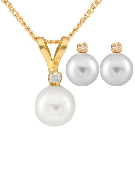 Splendid White 14k 0.03 Ct. Tw. Diamond & 5-5.5mm Freshwater Pearl Earrings & Necklace Set