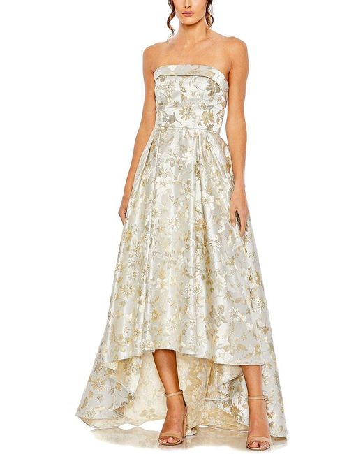 Mac Duggal White Brocade Strapless Golden Floral High Low Gown