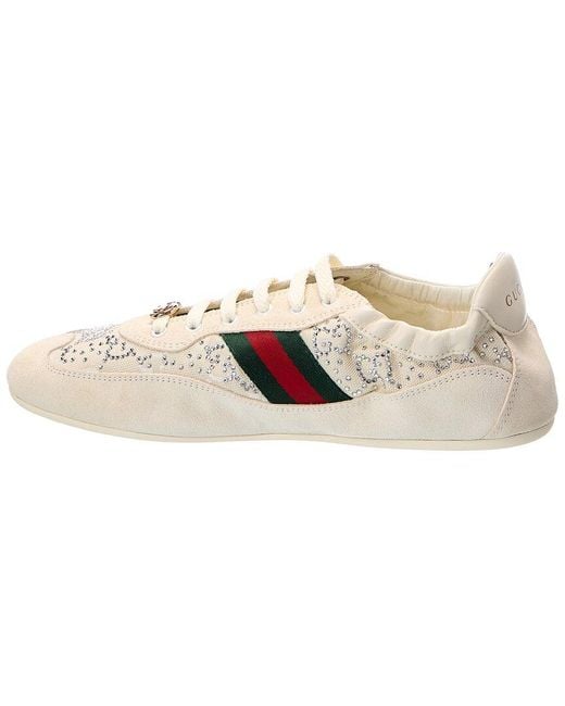 Gucci White Gg Shift Crystal Suede & Canvas Sneaker