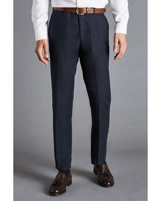 Charles Tyrwhitt Blue Slim Fit Italian Linen Trouser for men