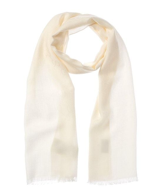 Gucci White Logo Jacquard Wool & Silk-blend Scarf