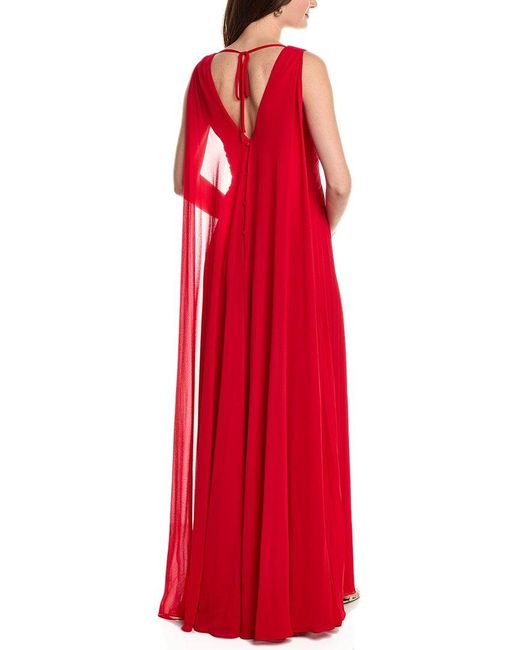 Teri Jon Red Pleated Chiffon Cape Gown