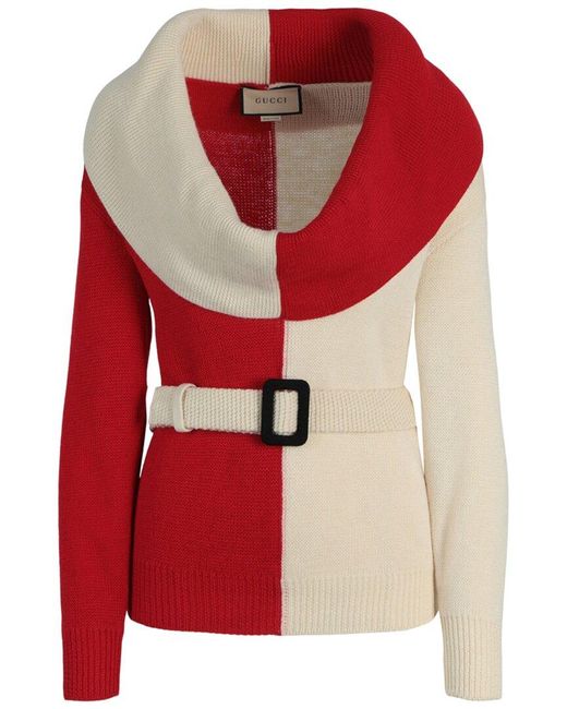 Gucci Red Chunky Wool Belted Sweater