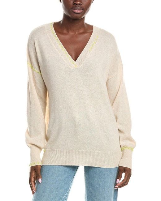 Brodie Cashmere White Cross Stitch Varcity V-Neck Cashmere Sweater