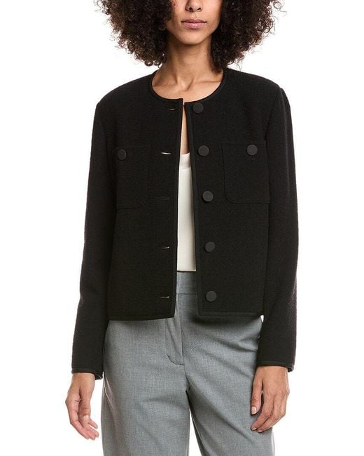 Lafayette 148 New York Black Crewneck Patch Pocket Wool-Blend Jacket