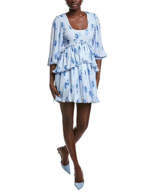 Ganni Blue Pleated Georgette Flounce Smock Mini Dress