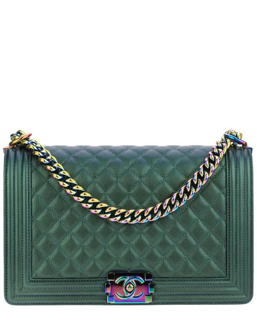 Chanel Limited Edition Green Quilted Calfskin Leather Single Flap Boy Bag