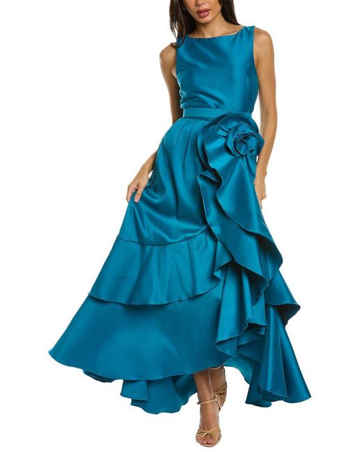 Badgley Mischka Blue Rosette Ruffle Gown