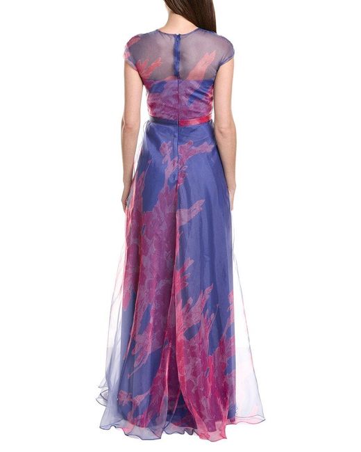 Rene Ruiz Purple Cap Sleeve Sheer Overlay Floral Gown