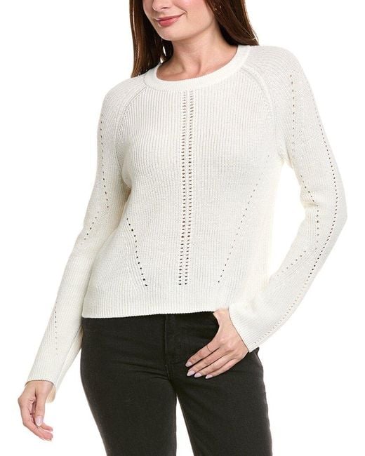 Hannah Rose White Picot Stitch Shaker Crewneck Cashmere-Blend Sweater