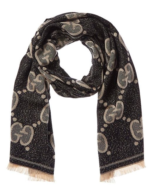 GG jacquard pattern knit scarf with tassels in grey and black