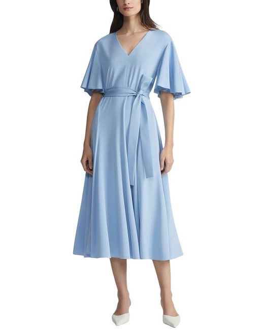 Lafayette 148 New York Blue Plus Belted Flounced Sleeve Silk-Blend Dress