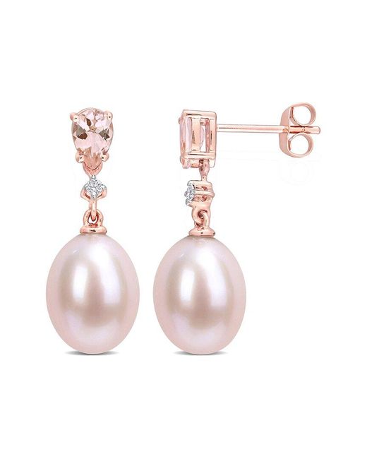 Rina Limor Pink 10k Rose Gold 0.84 Ct. Tw. Diamond & Morganite 9-9.5mm Pearl Earrings