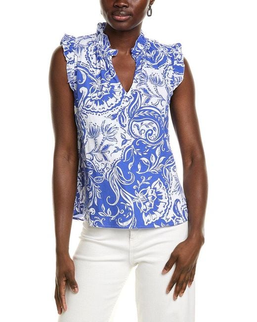 Ellen Tracy Blue Linen-Blend Top
