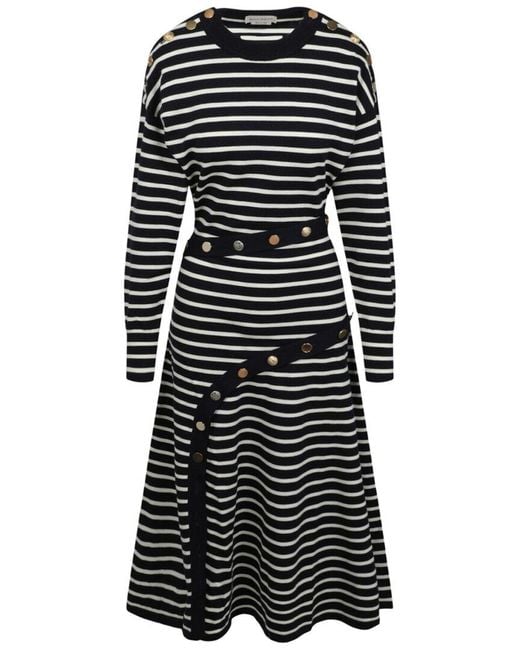 McQueen Black Mixed Buttons Striped Wool-Blend Dress