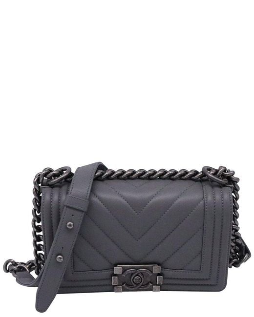 Chanel Black Grey Calfskin Leather Small Boy Flap Shoulder Bag (authentic Pre-loved)