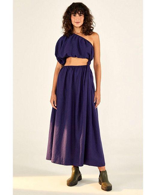 Farm Rio Blue One-shoulder Linen-blend Dress