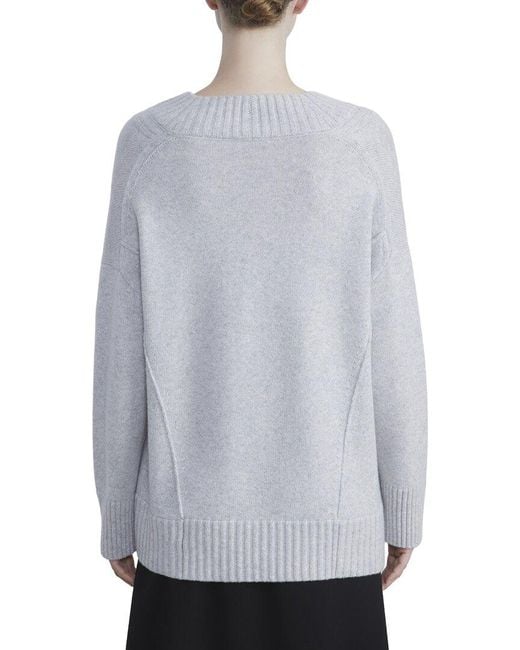 Lafayette 148 New York Gray Deep V-Neck 100% Cashmere Sweater