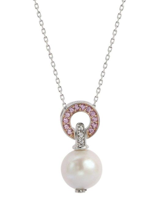 Suzy Levian White Silver Sapphire Pearl Circle Pendant Necklace
