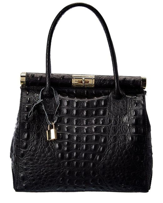 Persaman New York Black Anais Top Handle Embossed Leather Tote