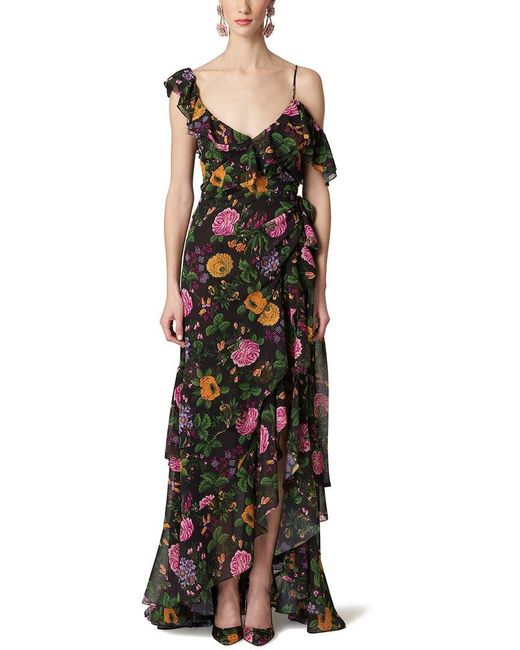Carolina Herrera Black One Shoulder Cap Sleeve Ruffle Gown