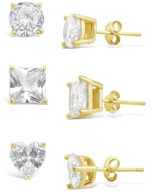 Sterling Forever White 14k Over Silver Cz Set Of 3 Statement Studs