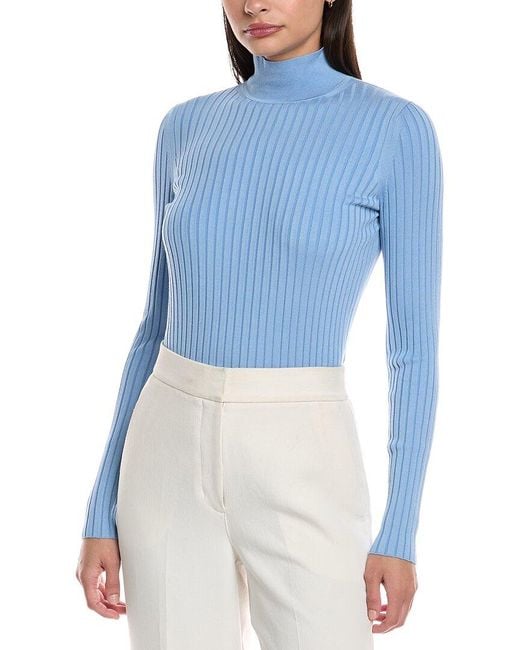 Lafayette 148 New York Blue Ribbed Split Mock Neck Silk-Blend Sweater