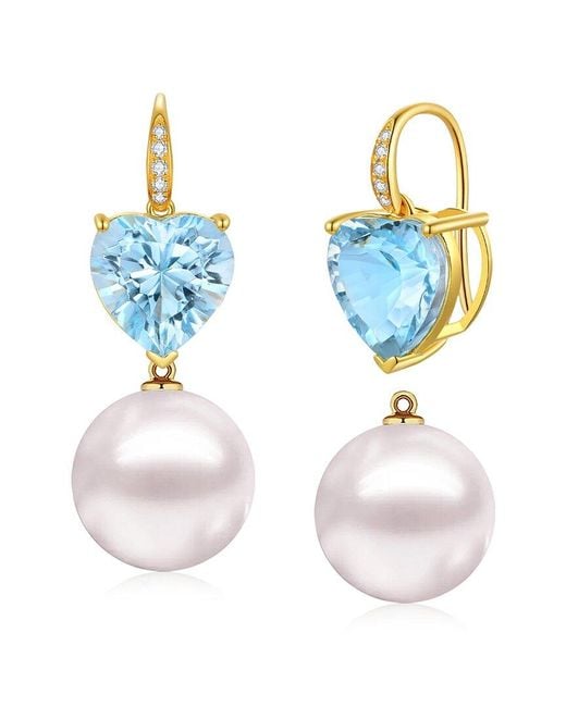 Kai Fine Jewelry Blue 14K 9.85 Ct. Tw. Diamond & Topaz & 12-13Mm Pearl Drop Earrings
