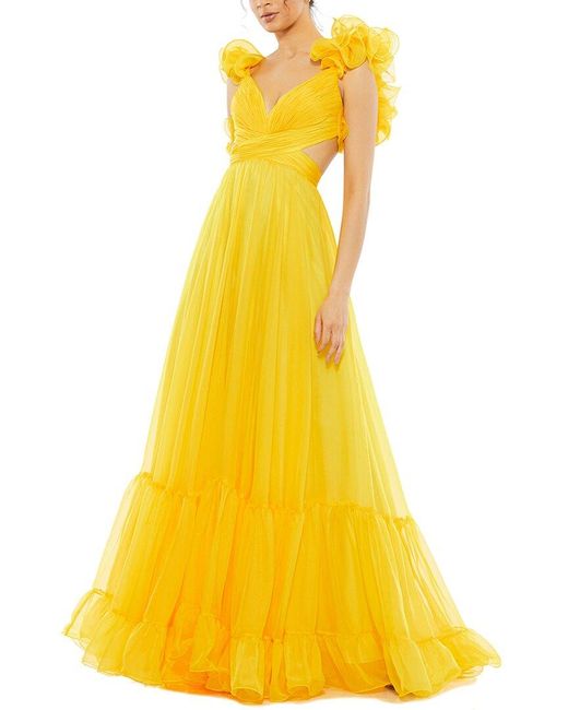 Mac Duggal Yellow Ruffle Tiered Chiffon A-Line Gown