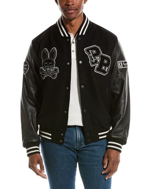 Psycho Bunny Black Robbins Wool-blend & Leather Varsity Bomber Jacket for men