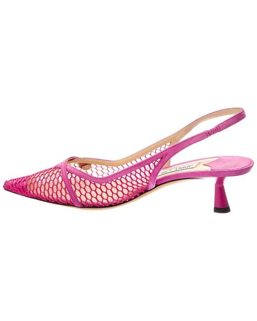 Jimmy Choo Pink Amita 45 Fishnet Mesh & Suede Slingback Pump