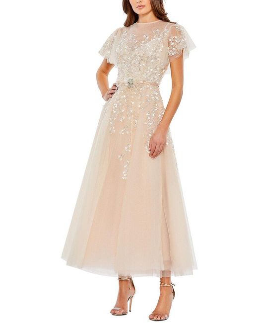 Mac Duggal Natural Embellished Flutter Sleeve Bow Waist A-line Dress