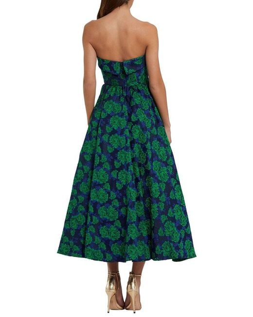 Mac Duggal Green Brocade Strapless A Line Midi Dress