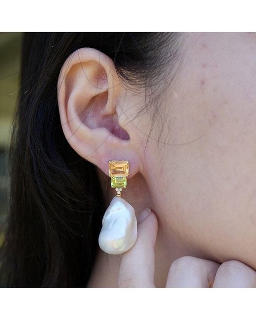 Kai Fine Jewelry White 14K 6.53 Ct. Tw. Diamond & Citrine; Peridot & 16-17Mm Pearl Drop Earrings