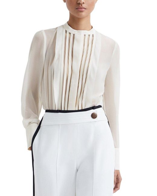 Reiss White Noa Sheer Stripe Panel Blouse