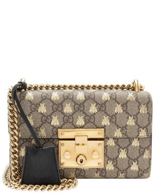 Gucci Metallic Beige Gg Supreme Canvas Bee Padlock Small Shoulder Bag (authentic Pre-loved)