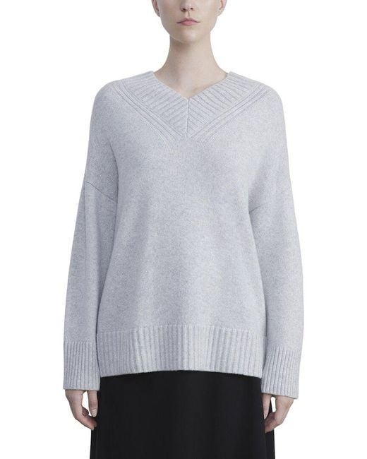 Lafayette 148 New York Gray Deep V-Neck 100% Cashmere Sweater