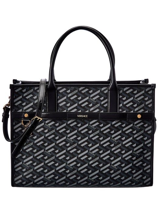 Versace La Greca Signature Coated Canvas & Leather Tote in Black Lyst