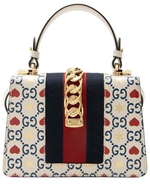 Gucci White Blue Leather Valentines Sylvie Mini Top Handle (authentic Pre-loved)